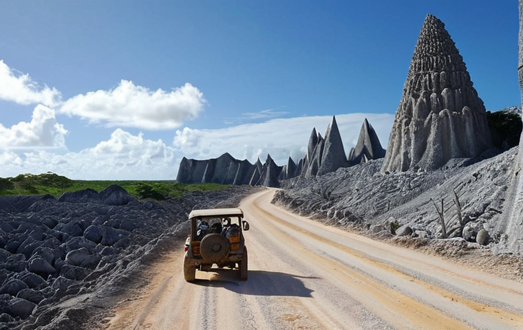 **Prompt 1: The Scarred Landscape and Adventurous Journey**
    "A surreal, rugged landscape of Nauru, showcasing the aftermath of extensive phosphate mining with sharp limestone pinnacles resembling a moonscape, under a vast tropical sky. A narrow, somewhat bumpy road winds through this unique terrain, with a small, sturdy vehicle driving along, conveying a sense of adventurous isolation and profound discovery. The atmosphere should be stark yet beautiful, emphasizing the island's unique geological features and the challenging journey to explore them."
