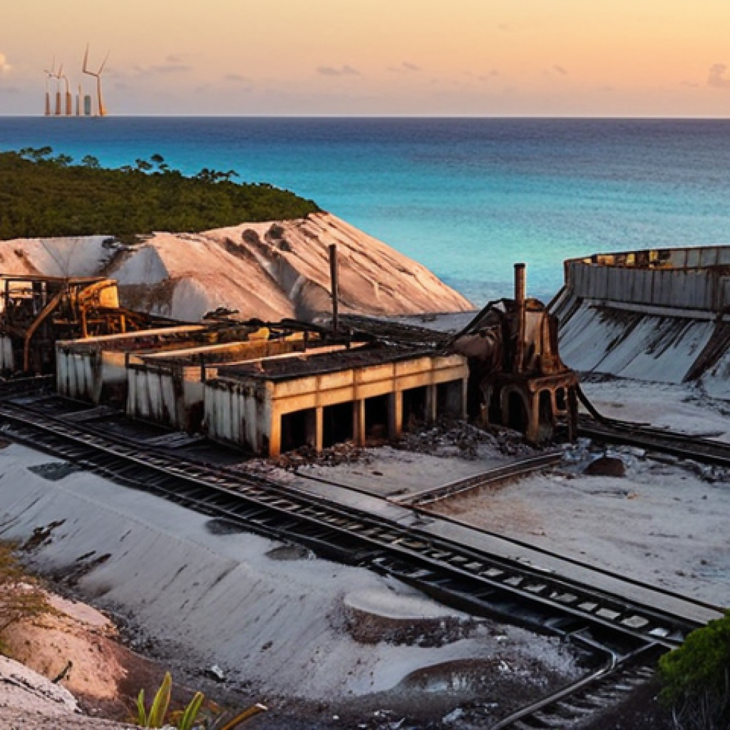 **A surreal landscape of Nauru's former phosphate mines at sunset.** Capture the stark, moon-like terrain with abandoned machinery, tinged with the warm colors of the setting sun. Focus on the contrast between the industrial past and the natural beauty of the island, emphasizing the environmental impact of mining. Include a hint of the ocean in the background.