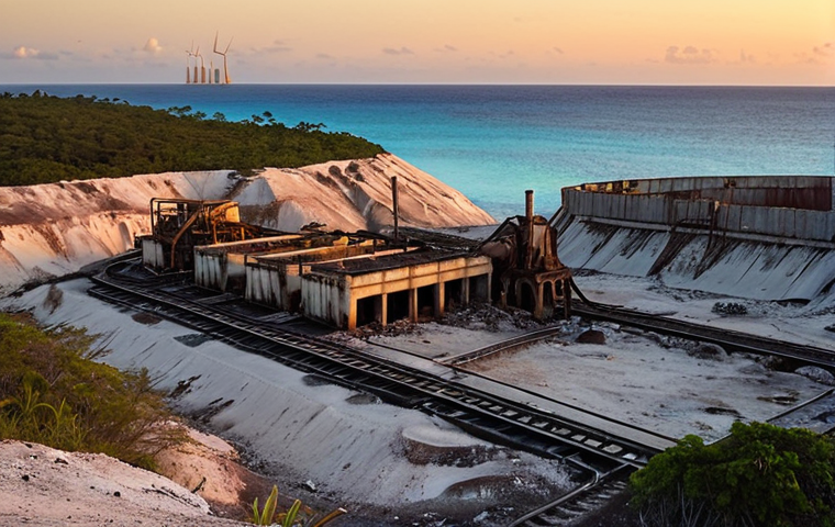 **A surreal landscape of Nauru's former phosphate mines at sunset.** Capture the stark, moon-like terrain with abandoned machinery, tinged with the warm colors of the setting sun. Focus on the contrast between the industrial past and the natural beauty of the island, emphasizing the environmental impact of mining. Include a hint of the ocean in the background.