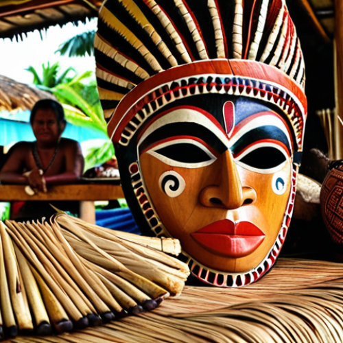 Home 8 Traditional Nauruan Craftsmanship**
Prompt: A vibrant display of handcrafted Nauruan art. Focus on a detailed, hand-carved wooden mask, alongside woven pandanus mats, and jewelry made from coconut shells. Capture the artistry and skill. Warm, natural lighting. Market setting, showcasing local culture.
**