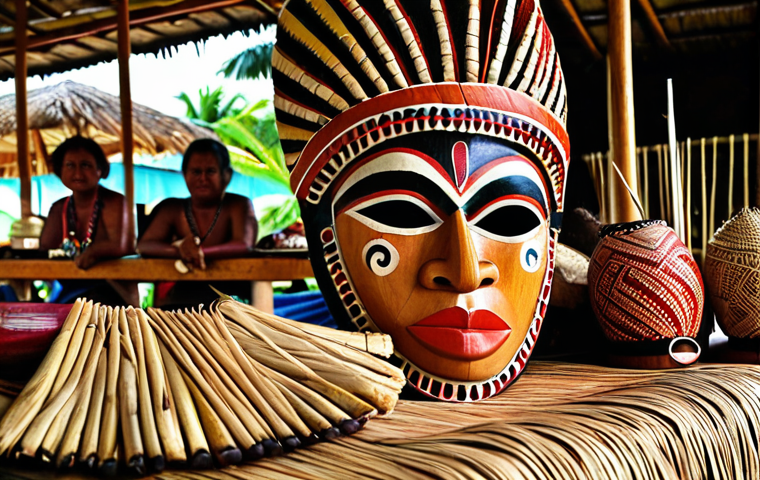 Traditional Nauruan Craftsmanship**
Prompt: A vibrant display of handcrafted Nauruan art. Focus on a detailed, hand-carved wooden mask, alongside woven pandanus mats, and jewelry made from coconut shells. Capture the artistry and skill. Warm, natural lighting. Market setting, showcasing local culture.
**