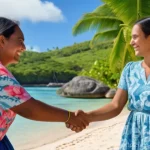 나우루 범죄율 및 안전 수준 - A serene and respectful cultural exchange on Nauru. A female tourist, wearing knee-length shorts and...