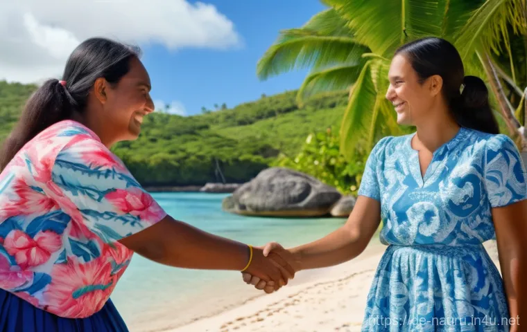 나우루 범죄율 및 안전 수준 - A serene and respectful cultural exchange on Nauru. A female tourist, wearing knee-length shorts and...