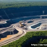 Home 12 나우루 경제 구조 - A detailed aerial view of Nauru’s phosphate mining area during its peak, showcasing large open-pit m...