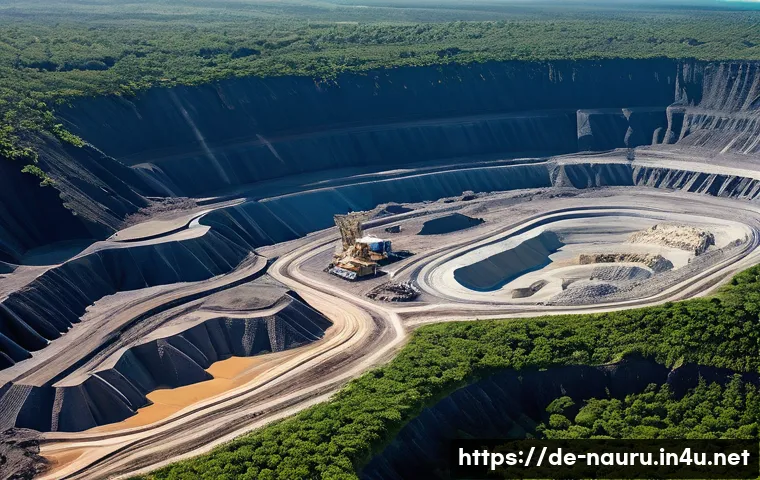 나우루 경제 구조 - A detailed aerial view of Nauru&rsquo;s phosphate mining area during its peak, showcasing large open-pit m...