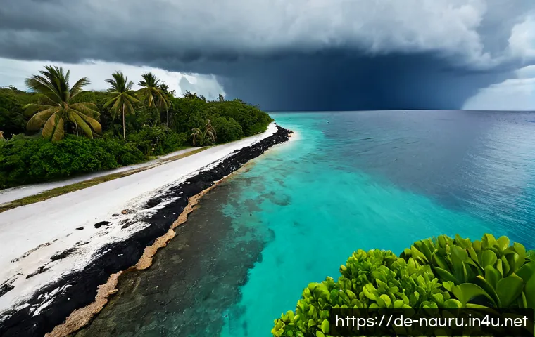 Home 13 나우루 해수면 상승 위험 - Photorealistic wide-angle view of Nauru’s low-lying tropical coastline at high tide, seawater reachi...